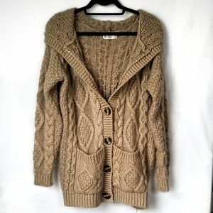 Beige button down long chunky knit cardigan